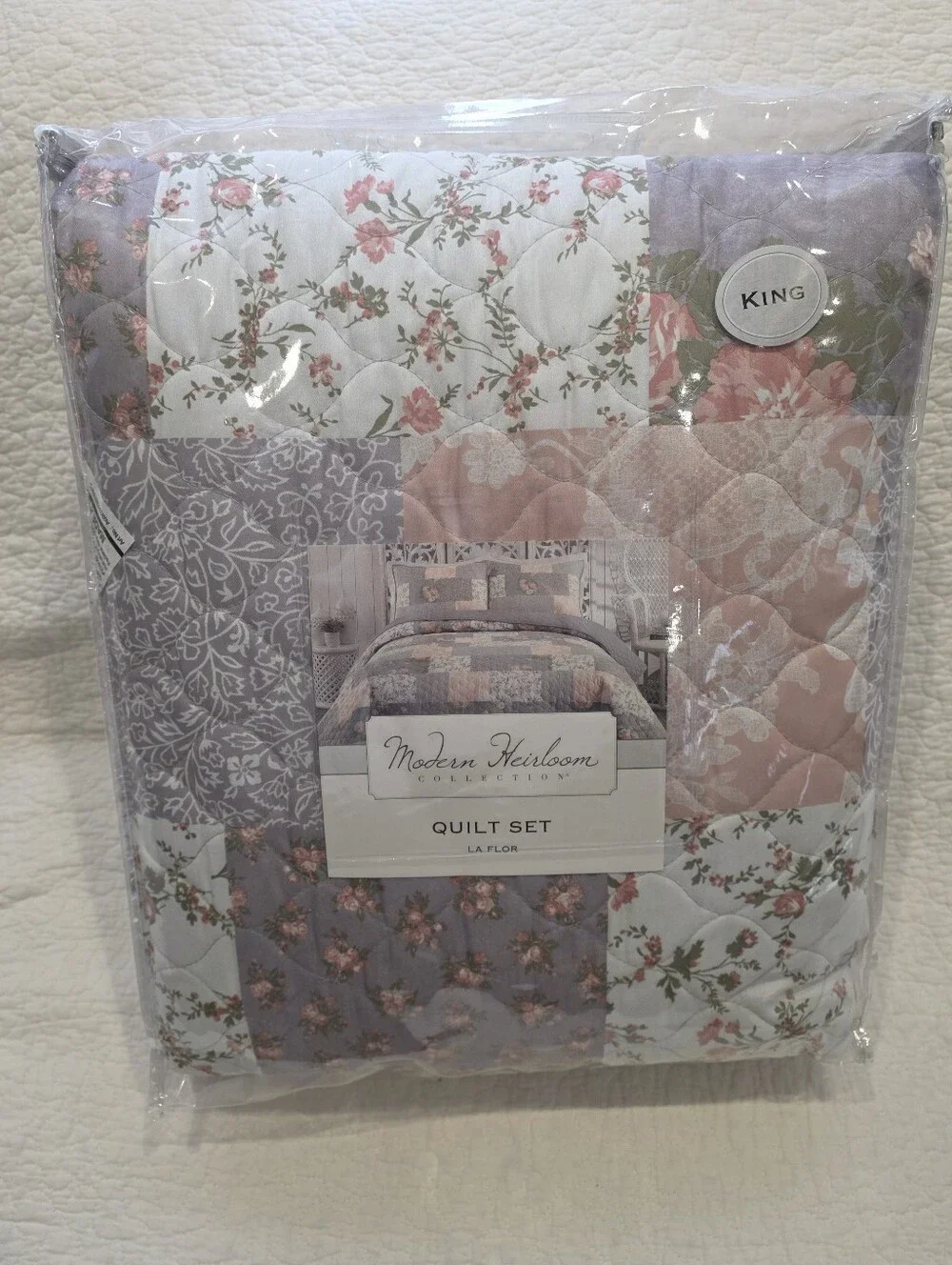 King 3pc La Flor Quilt Set Blush/Gray - Modern Heirloom